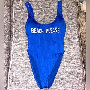 “Beach Please” blue high leg one piece swimsuit Womens L